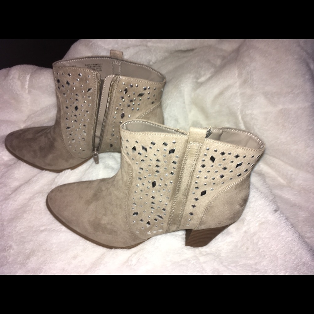 JLo booties. Tan w silver accents 3" heel